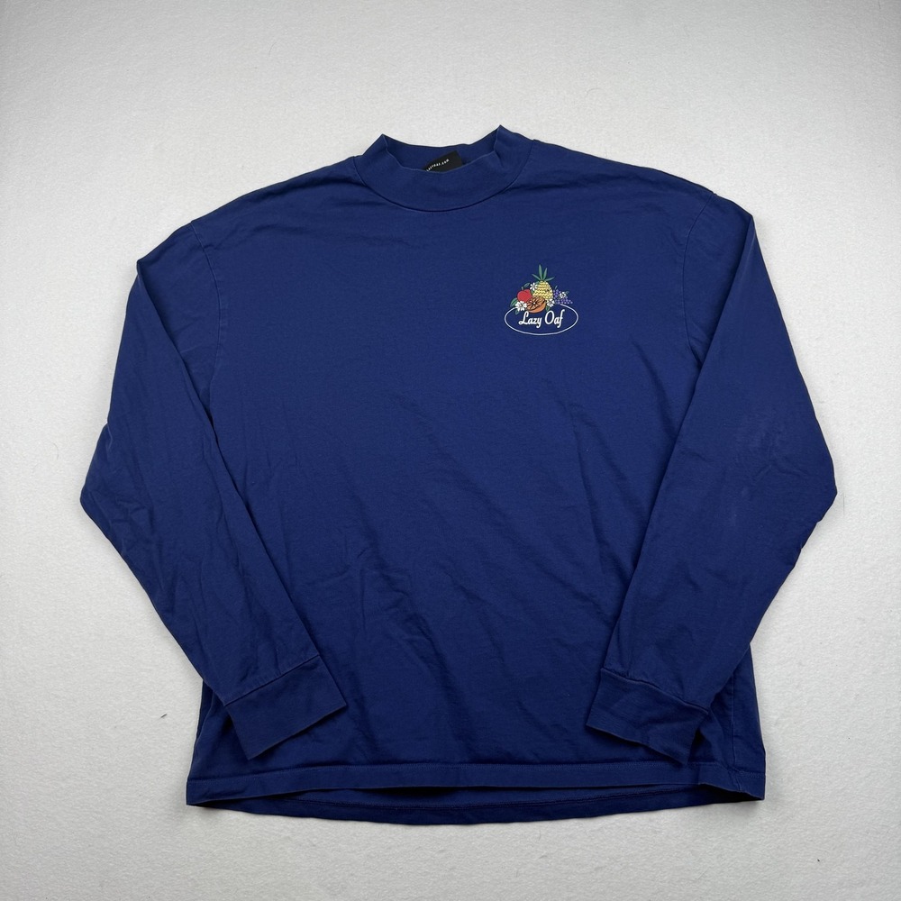 Lazy Oaf Shirt Mens Small Blue Long Sleeve Mock Neck Fruit Back Graphic Logo